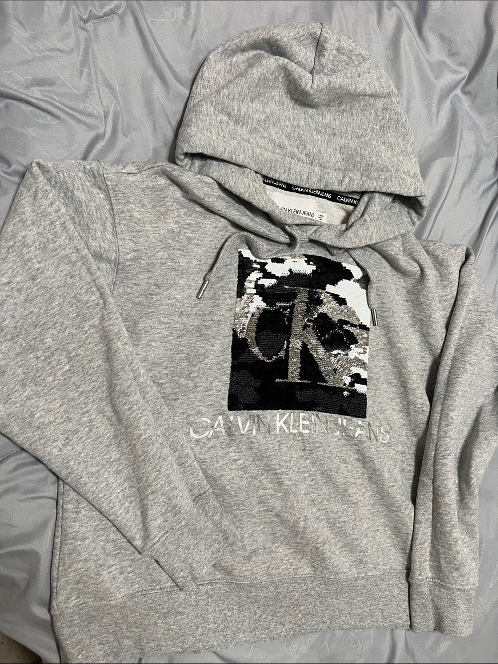 Calvin Klein Jeans Light Gray Hooded Zip-Up with Black & White Sequin CK Patch